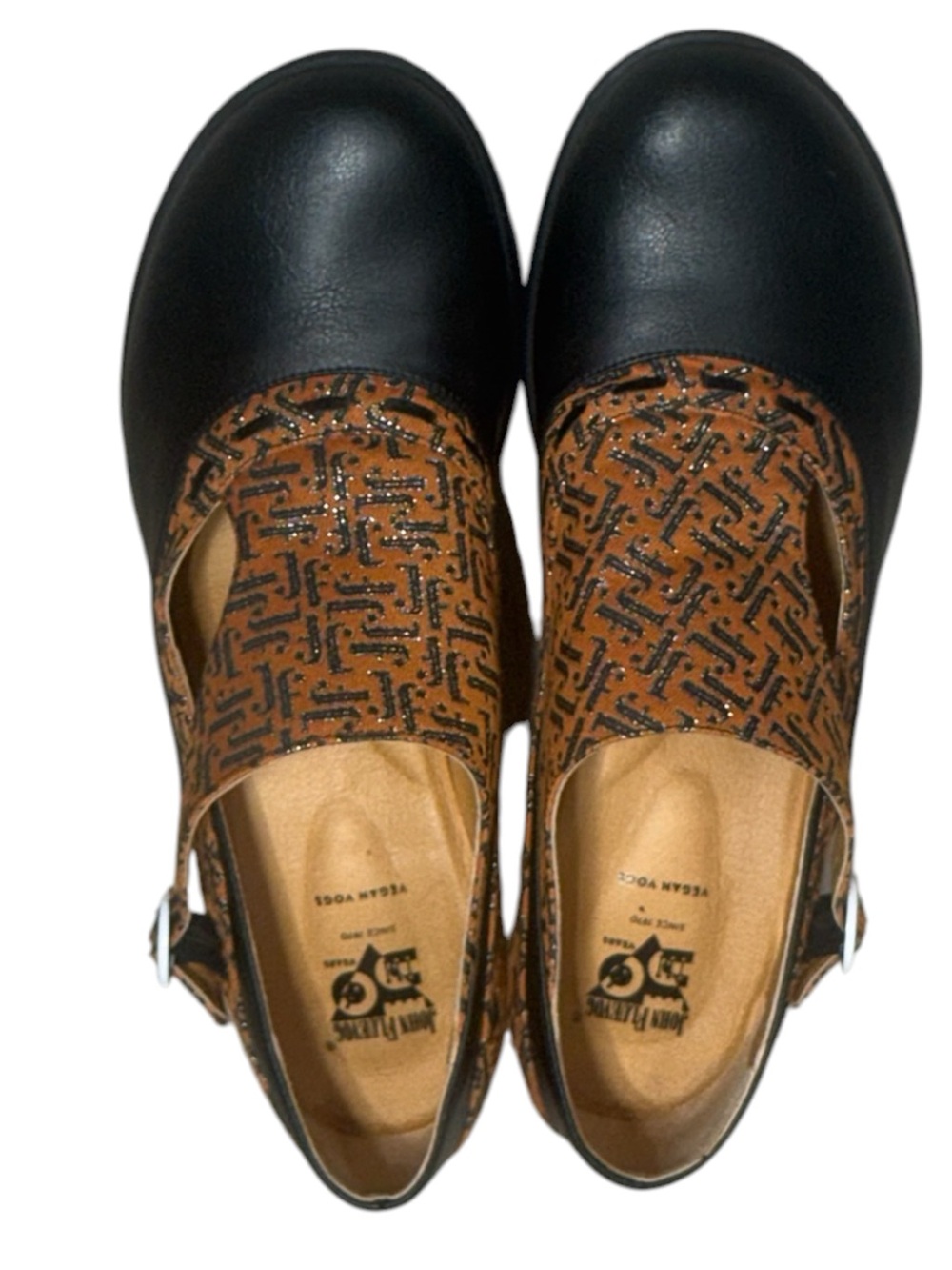 John Fluevog Enneagram Achiever Black Vegan Monogram Side Buckle Heels Size 10 - Picture 3 of 10